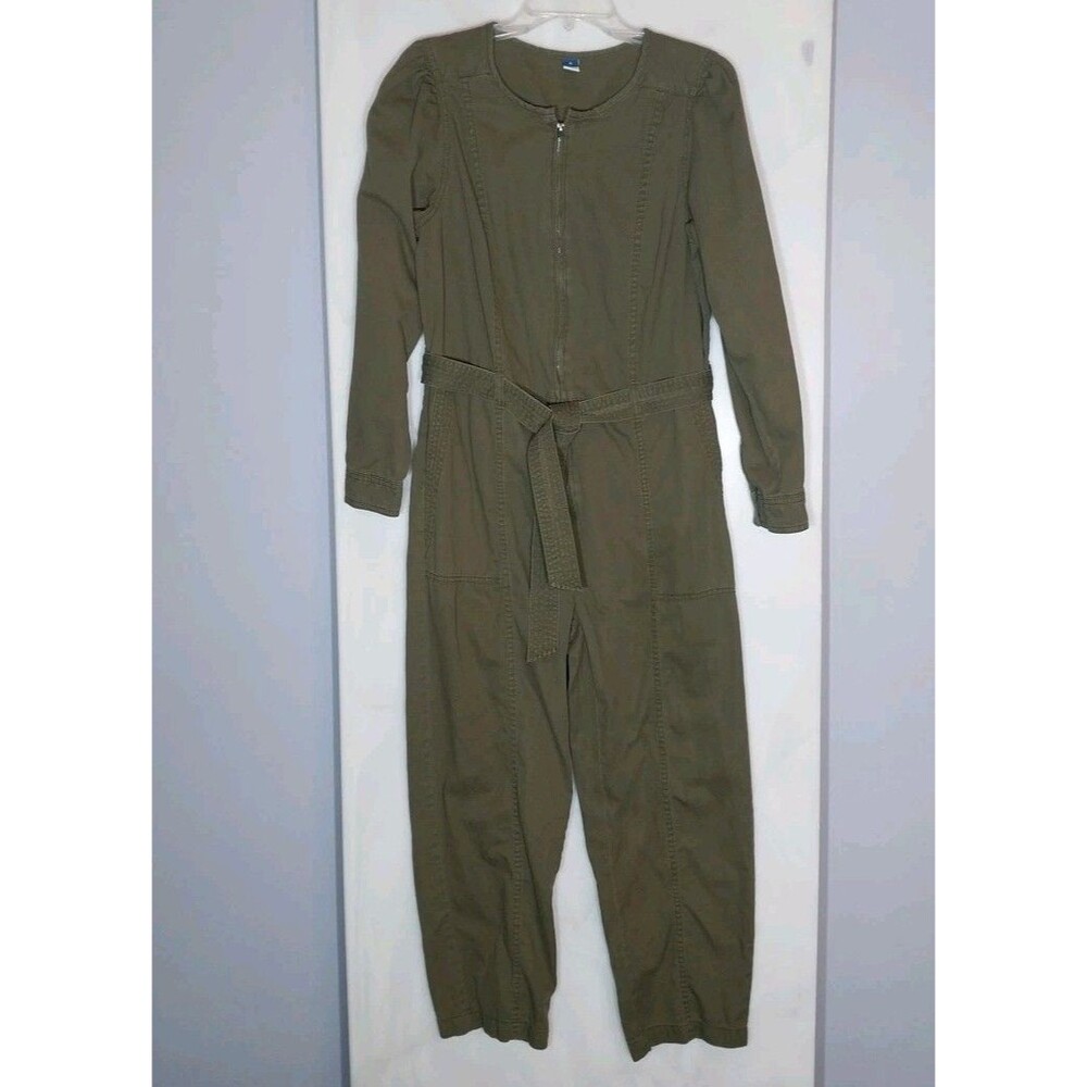 Old Navy Olive Green Utility Jumpsuit Womens M Cropped Belted Cotton Zip Pockets